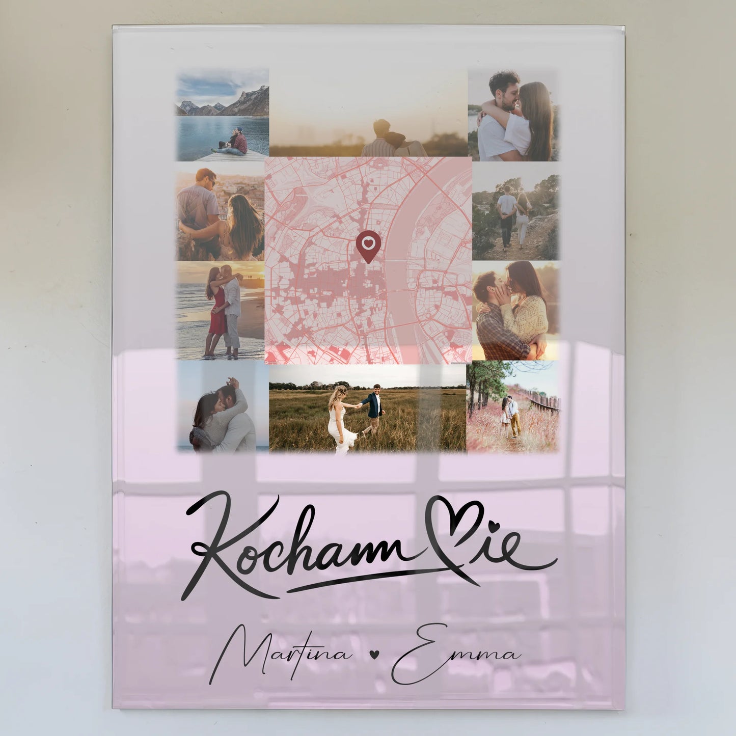 Personalisierte Foto Acrylglas mit 10 Fotos und Karte in der Mitte Kocham Cie