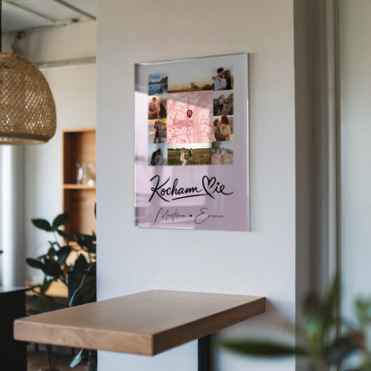 Personalisierte Foto Acrylglas mit 10 Fotos und Karte in der Mitte Kocham Cie