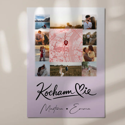 Magnetposter Fotoboard mit 10 Fotos und Karte in der Mitte Kocham Cie