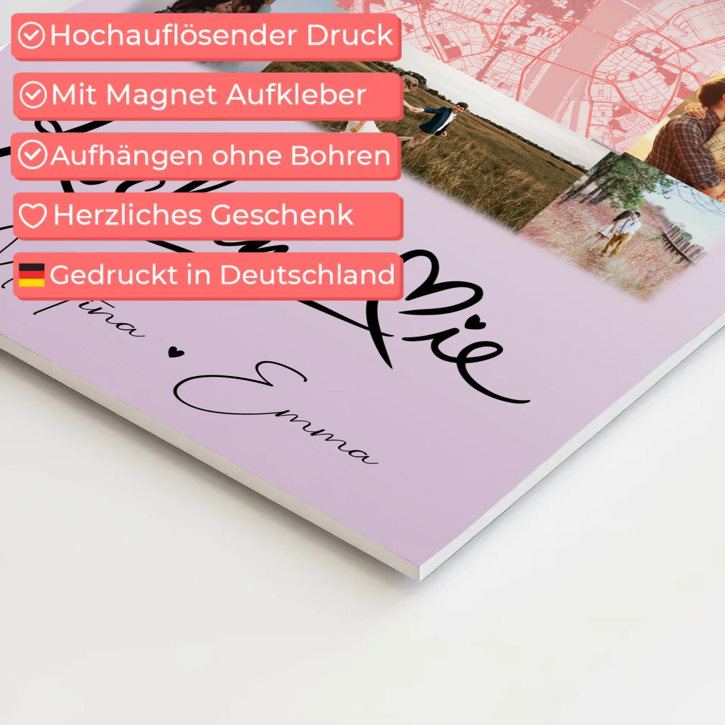 Magnetposter Fotoboard mit 10 Fotos und Karte in der Mitte Kocham Cie