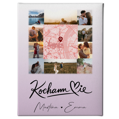 Personalisierte Leinwand Hochzeit mit 10 Fotos und Karte in der Mitte Kocham Cie