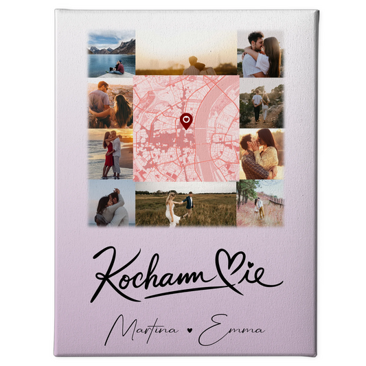 Personalisierte Leinwand Hochzeit mit 10 Fotos und Karte in der Mitte Kocham Cie
