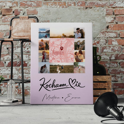 Personalisierte Leinwand Hochzeit mit 10 Fotos und Karte in der Mitte Kocham Cie
