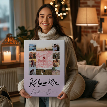Personalisierte Leinwand Hochzeit mit 10 Fotos und Karte in der Mitte Kocham Cie