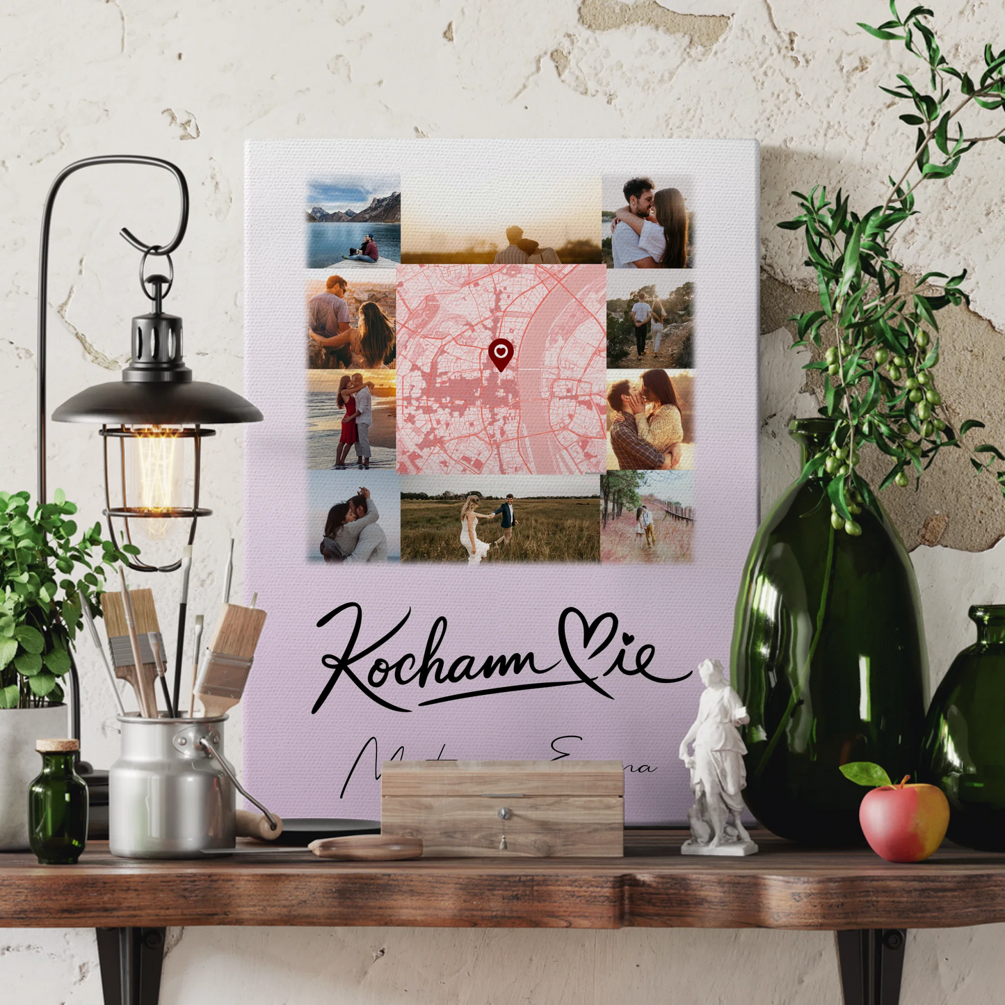 Personalisierte Leinwand Hochzeit mit 10 Fotos und Karte in der Mitte Kocham Cie