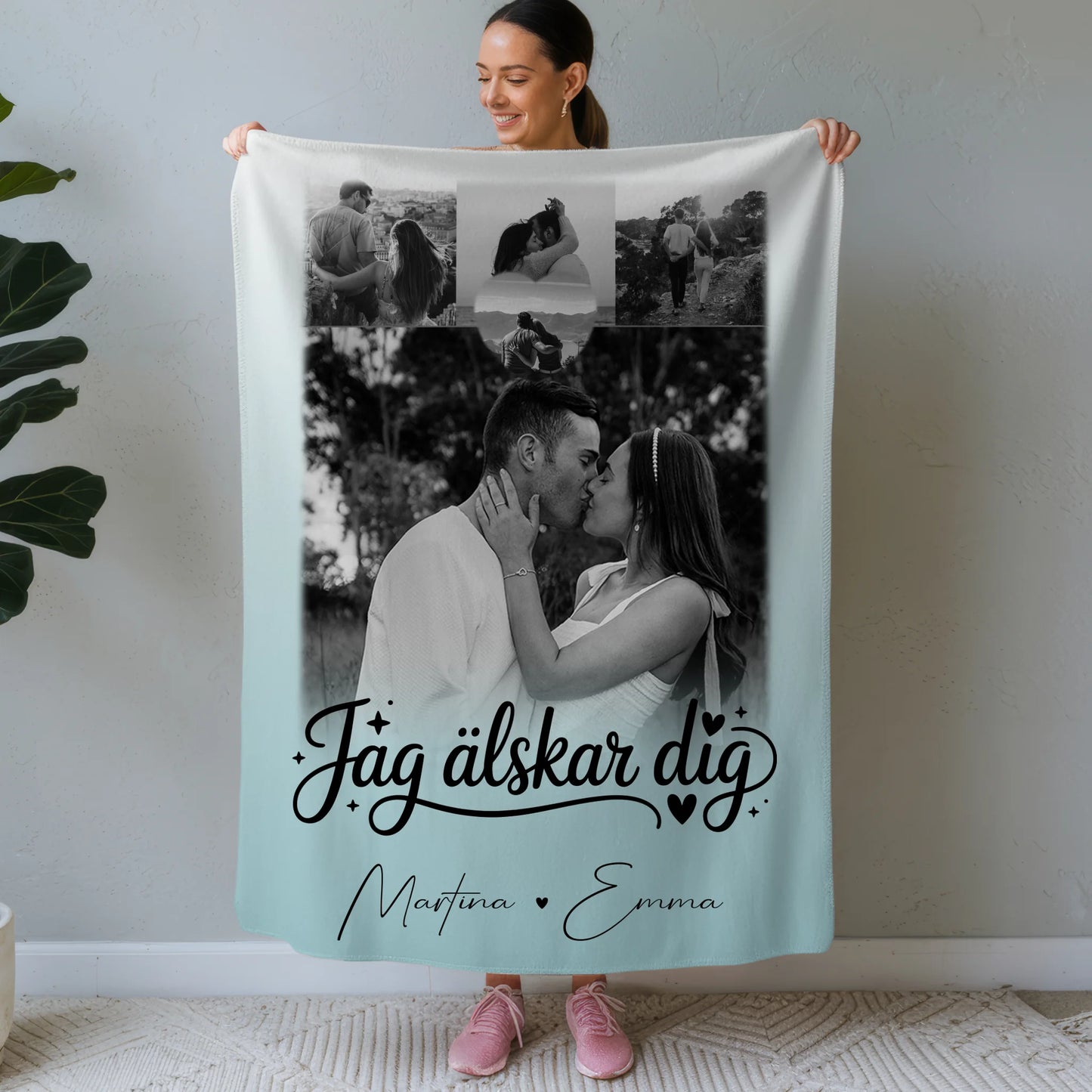 Personalisierte Namensdecke mit 4 Fotos und Herz – Jag älskar dig Liebe auf Schwedisch 1