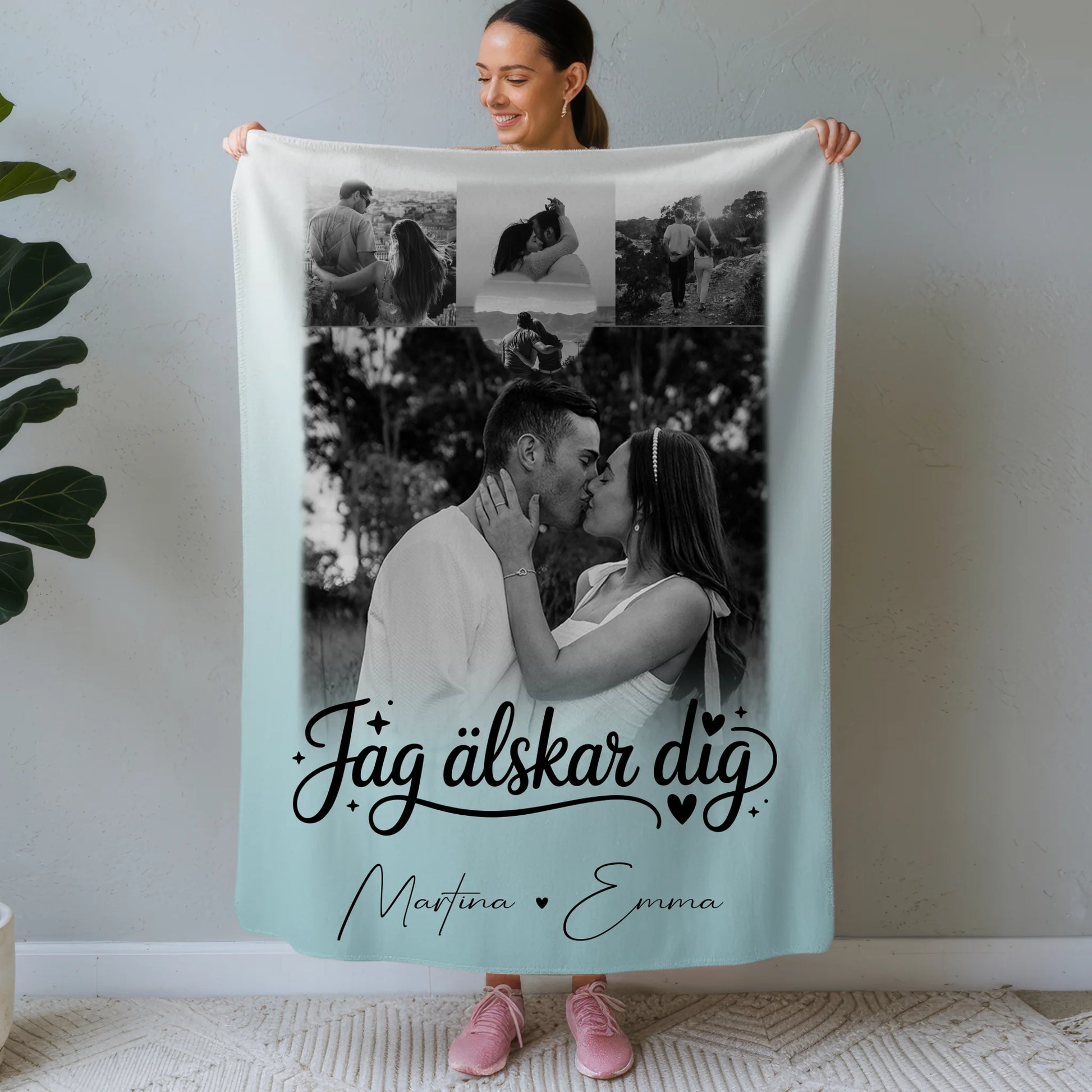 Personalisierte Namensdecke mit 4 Fotos und Herz – Jag älskar dig Liebe auf Schwedisch 1