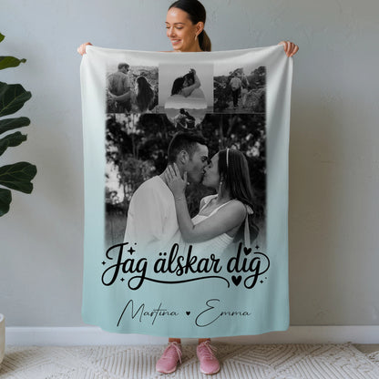 Personalisierte Namensdecke mit 4 Fotos und Herz – Jag älskar dig Liebe auf Schwedisch 1