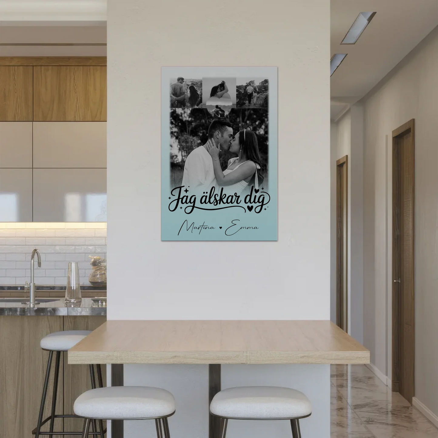 Magnetposter Fotoboard mit 4 Fotos und kleinem Herz – Jag als älskar dig Liebe auf Schwedisch