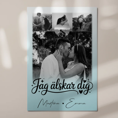 Magnetposter Fotoboard mit 4 Fotos und kleinem Herz – Jag als älskar dig Liebe auf Schwedisch