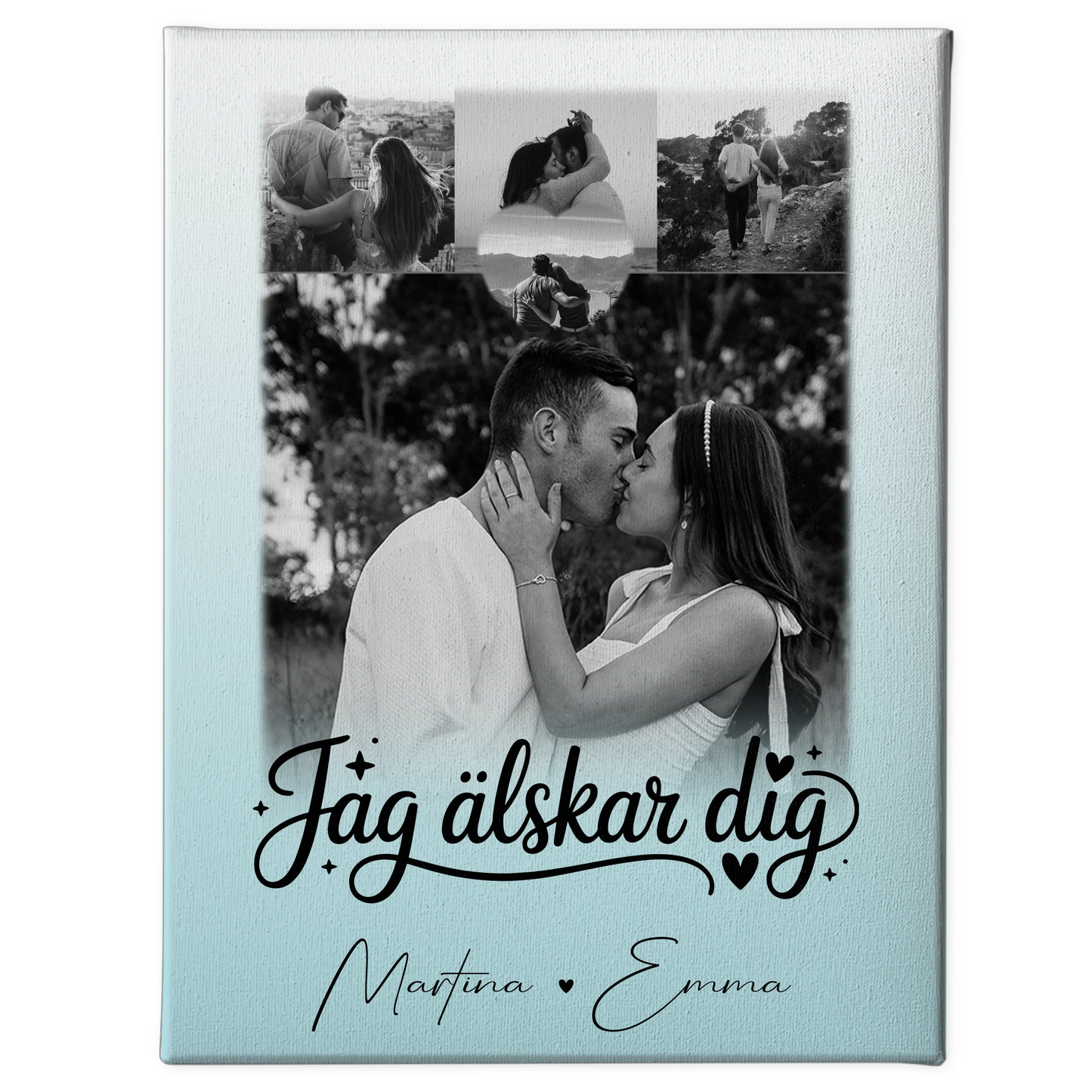 Personalisierte Leinwand Paare mit 4 Fotos und Herz Foto Jag Alsker Dig Liebe auf Schwedisch