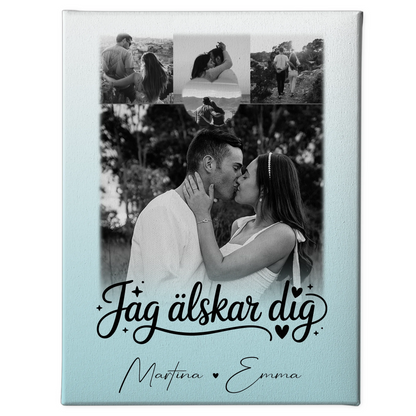 Personalisierte Leinwand Paare mit 4 Fotos und Herz Foto Jag Alsker Dig Liebe auf Schwedisch