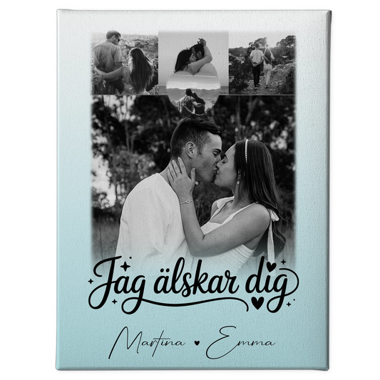 Personalisierte Leinwand Paare mit 4 Fotos und Herz Foto Jag Alsker Dig Liebe auf Schwedisch