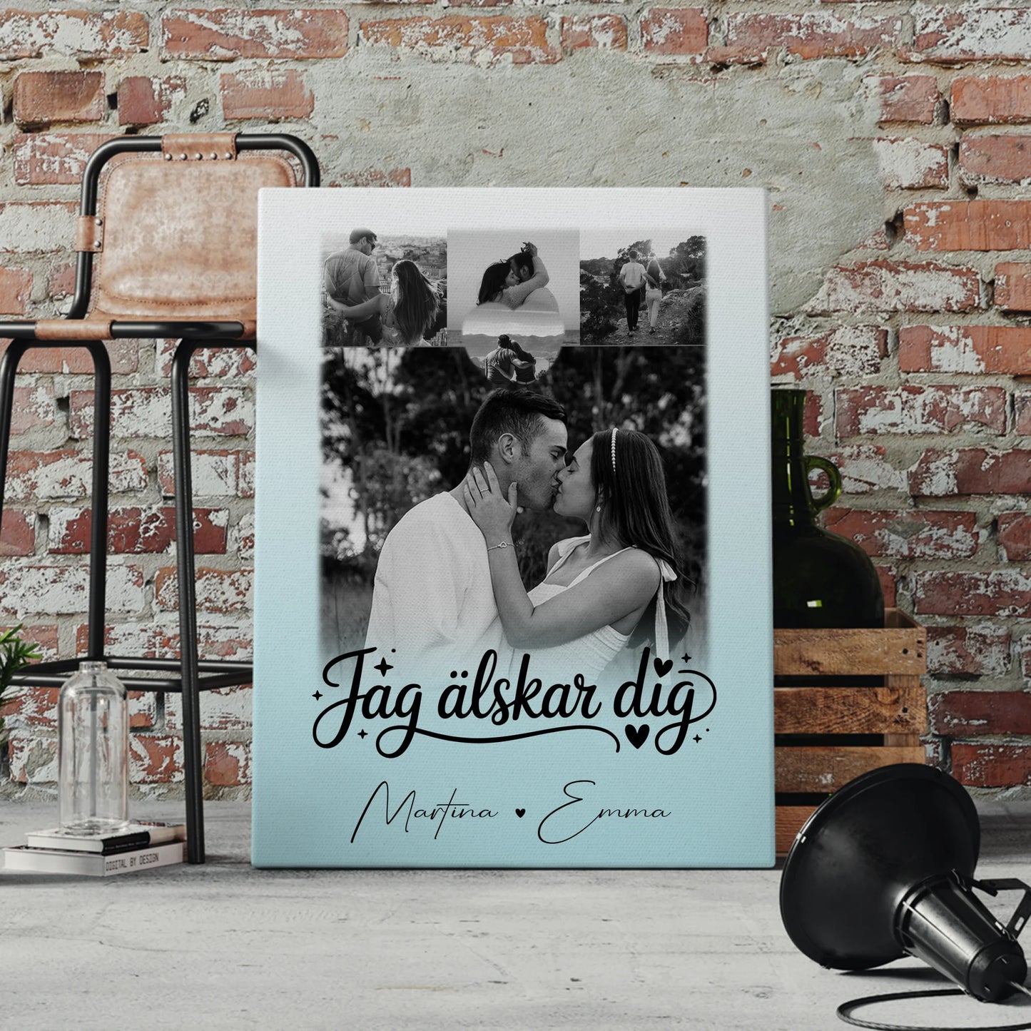 Personalisierte Leinwand Paare mit 4 Fotos und Herz Foto Jag Alsker Dig Liebe auf Schwedisch