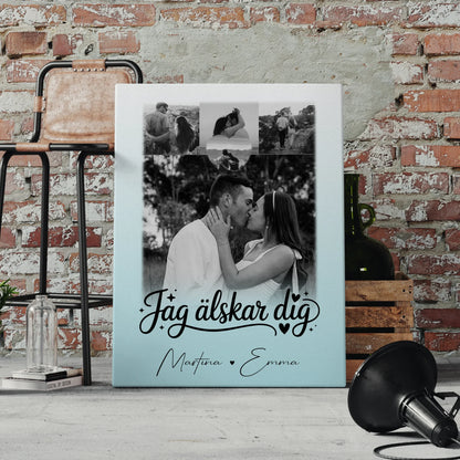 Personalisierte Leinwand Paare mit 4 Fotos und Herz Foto Jag Alsker Dig Liebe auf Schwedisch
