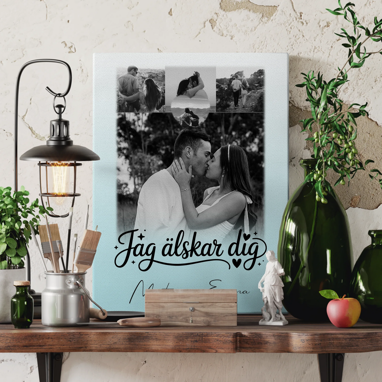 Personalisierte Leinwand Paare mit 4 Fotos und Herz Foto Jag Alsker Dig Liebe auf Schwedisch