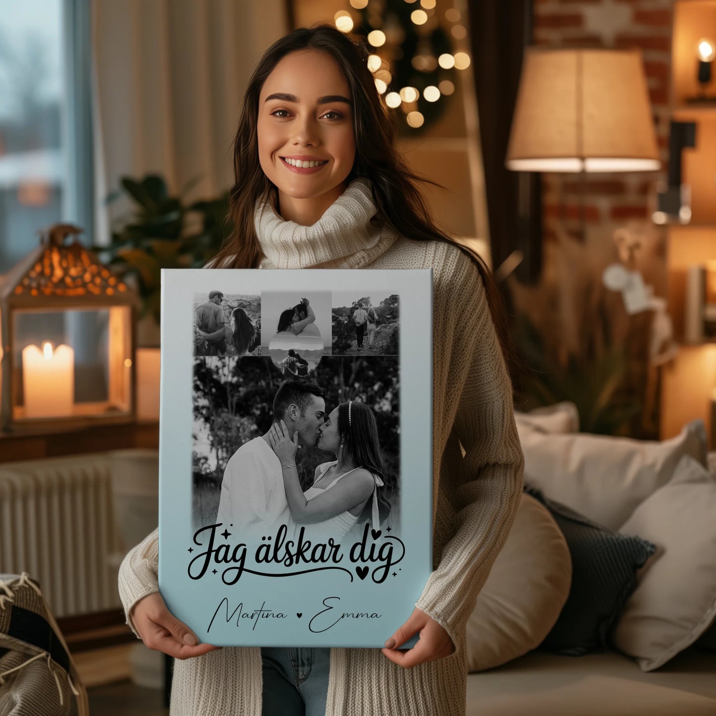 Personalisierte Leinwand Paare mit 4 Fotos und Herz Foto Jag Alsker Dig Liebe auf Schwedisch