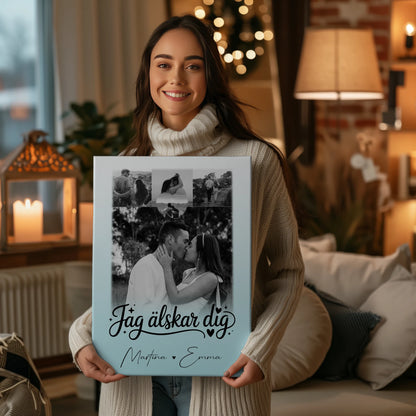 Personalisierte Leinwand Paare mit 4 Fotos und Herz Foto Jag Alsker Dig Liebe auf Schwedisch