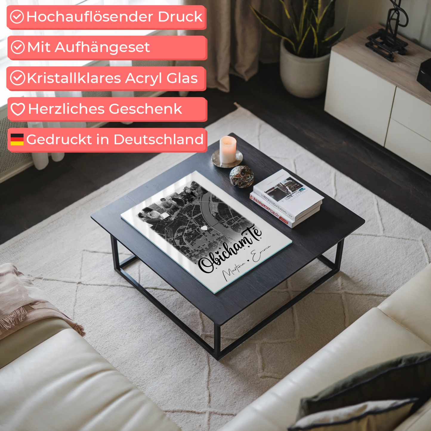 Personalisiertes Foto Acrylglas mit 4 Fotos und Karte Obicham te Liebe auf Bulgarisch