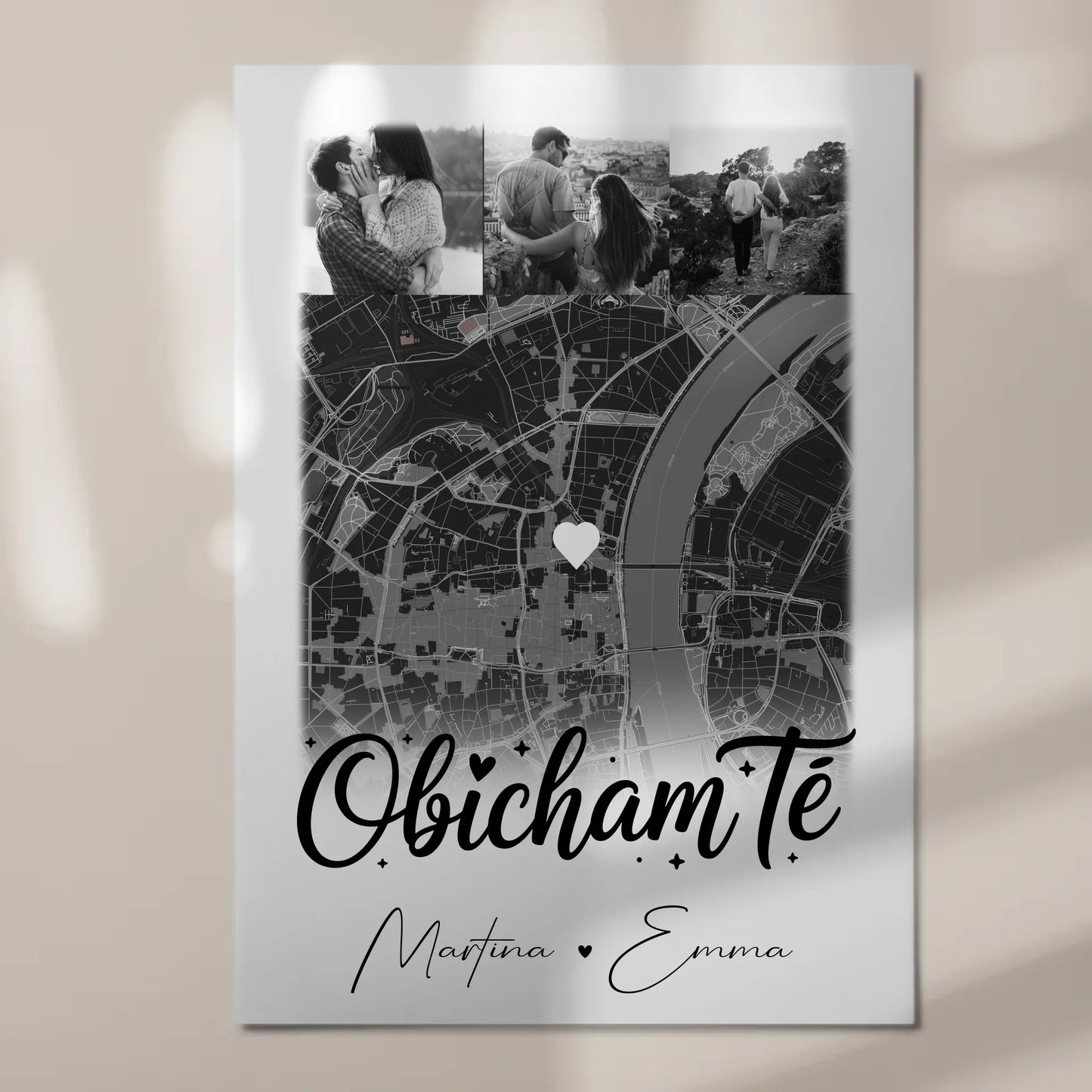 Personalisiertes Fotoboard Magnet Wandbild mit 4 Fotos und Karte Obicham te Liebe auf Bulgarisch