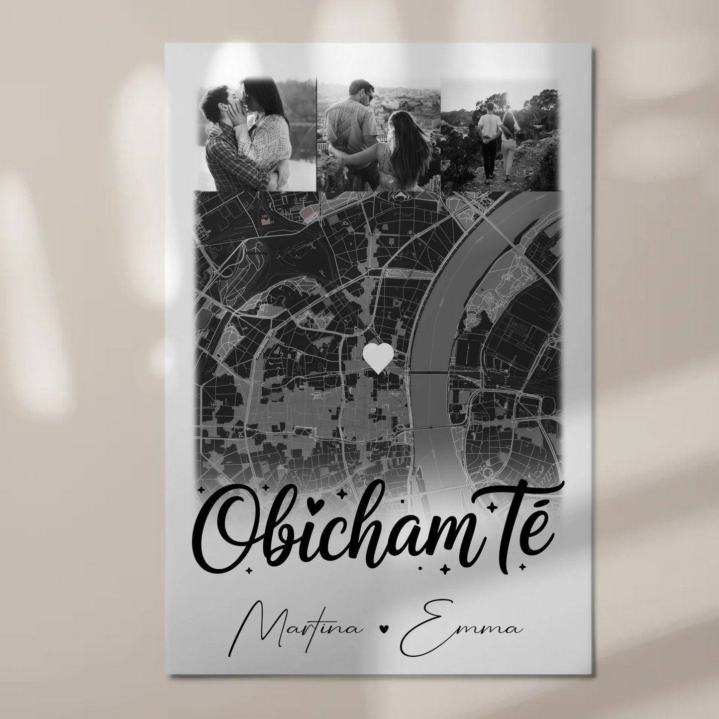 Personalisiertes Fotoboard Magnet Wandbild mit 4 Fotos und Karte Obicham te Liebe auf Bulgarisch