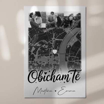 Personalisiertes Fotoboard Magnet Wandbild mit 4 Fotos und Karte Obicham te Liebe auf Bulgarisch