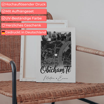 Leinwandbild Paar mit 4 Fotos und Karte Obicham te Liebe auf Bulgarisch