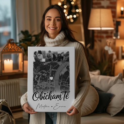 Leinwandbild Paar mit 4 Fotos und Karte Obicham te Liebe auf Bulgarisch