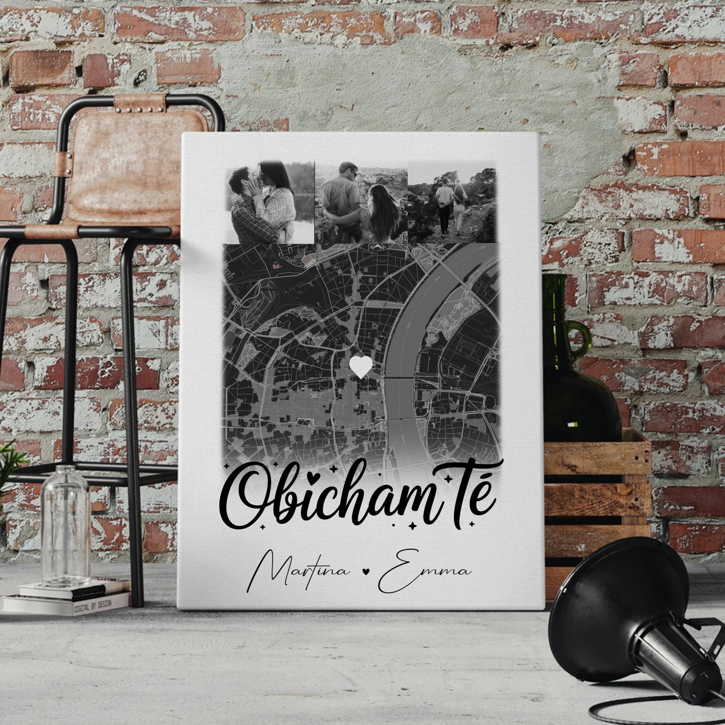 Leinwandbild Paar mit 4 Fotos und Karte Obicham te Liebe auf Bulgarisch