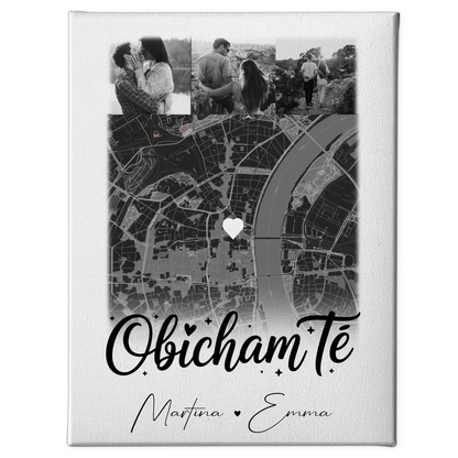 Leinwandbild Paar mit 4 Fotos und Karte Obicham te Liebe auf Bulgarisch