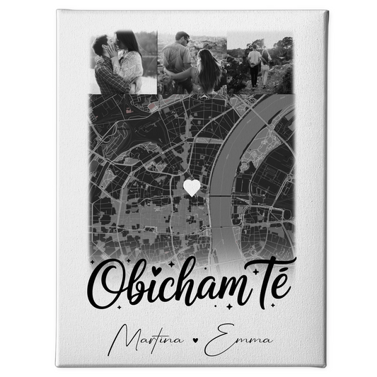 Leinwandbild Paar mit 4 Fotos und Karte Obicham te Liebe auf Bulgarisch