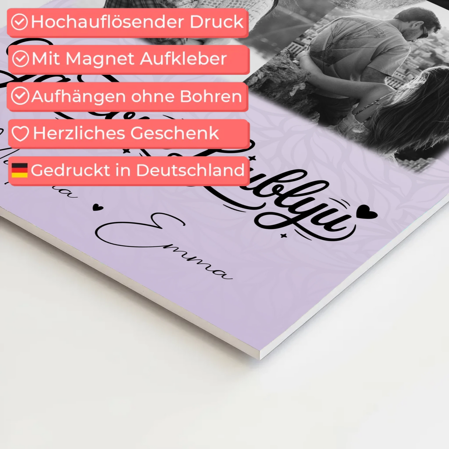 Magnetposter Fotoboard mit 4 Fotos und Herz Foto Ya tebya lyublyu Liebe auf Russisch