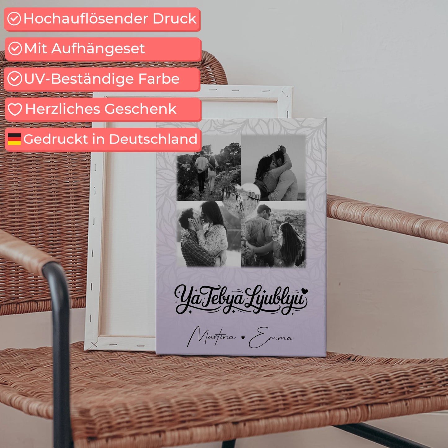 Personalisierte Leinwand Paare mit Fotos und Herz Foto Ya tebya lyublyu Liebe auf Russisch