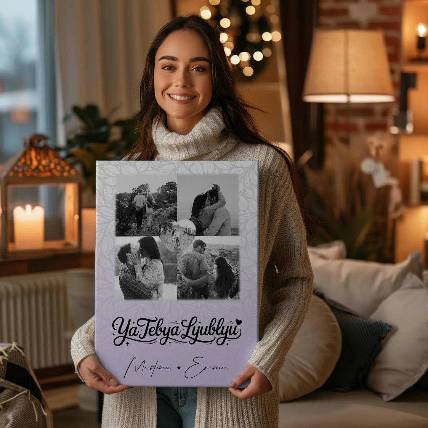 Personalisierte Leinwand Paare mit Fotos und Herz Foto Ya tebya lyublyu Liebe auf Russisch