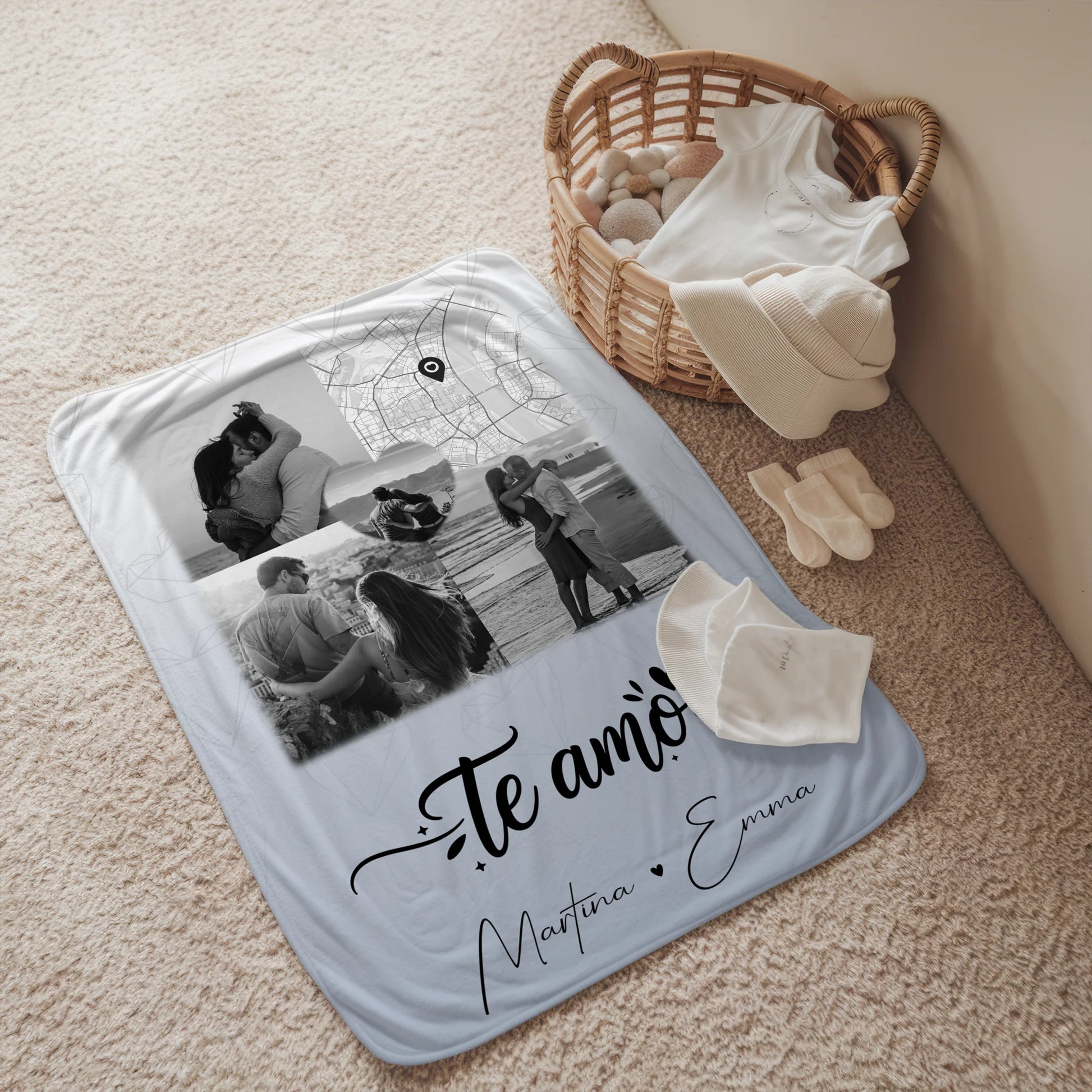 Kuscheldecke Mit Namen 3 Fotos 1 Herz Foto Karte Te amo Liebe auf Spanisch personalisiertes Geschenk 2
