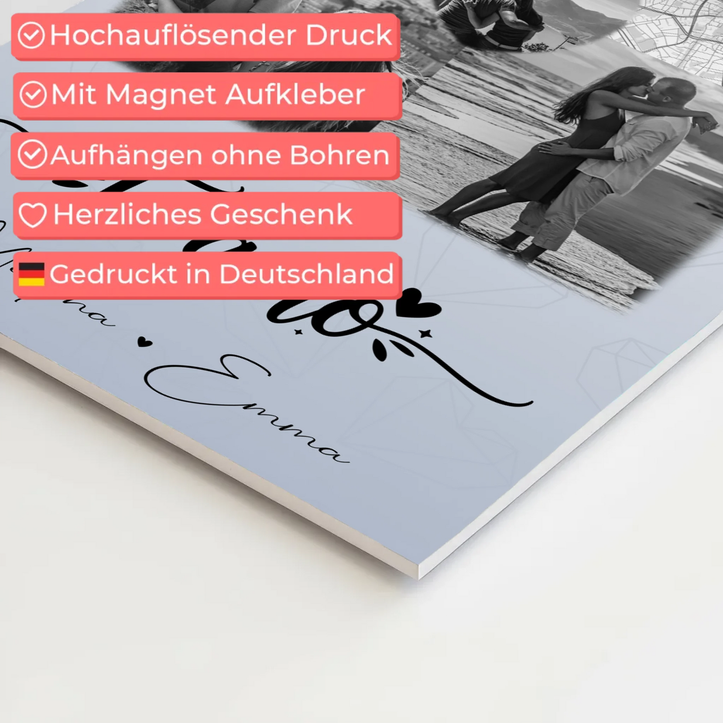 Magnetposter Fotoboard mit 3 Fotos und Herz Foto Karte Te amo Liebe auf Spanisch