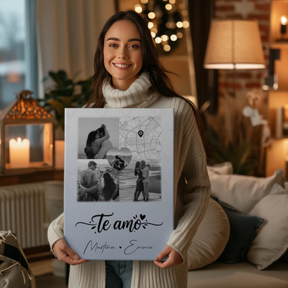 Leinwandbild Paar mit 3 Fotos und Herz Foto Karte Te amo Liebe auf Spanisch