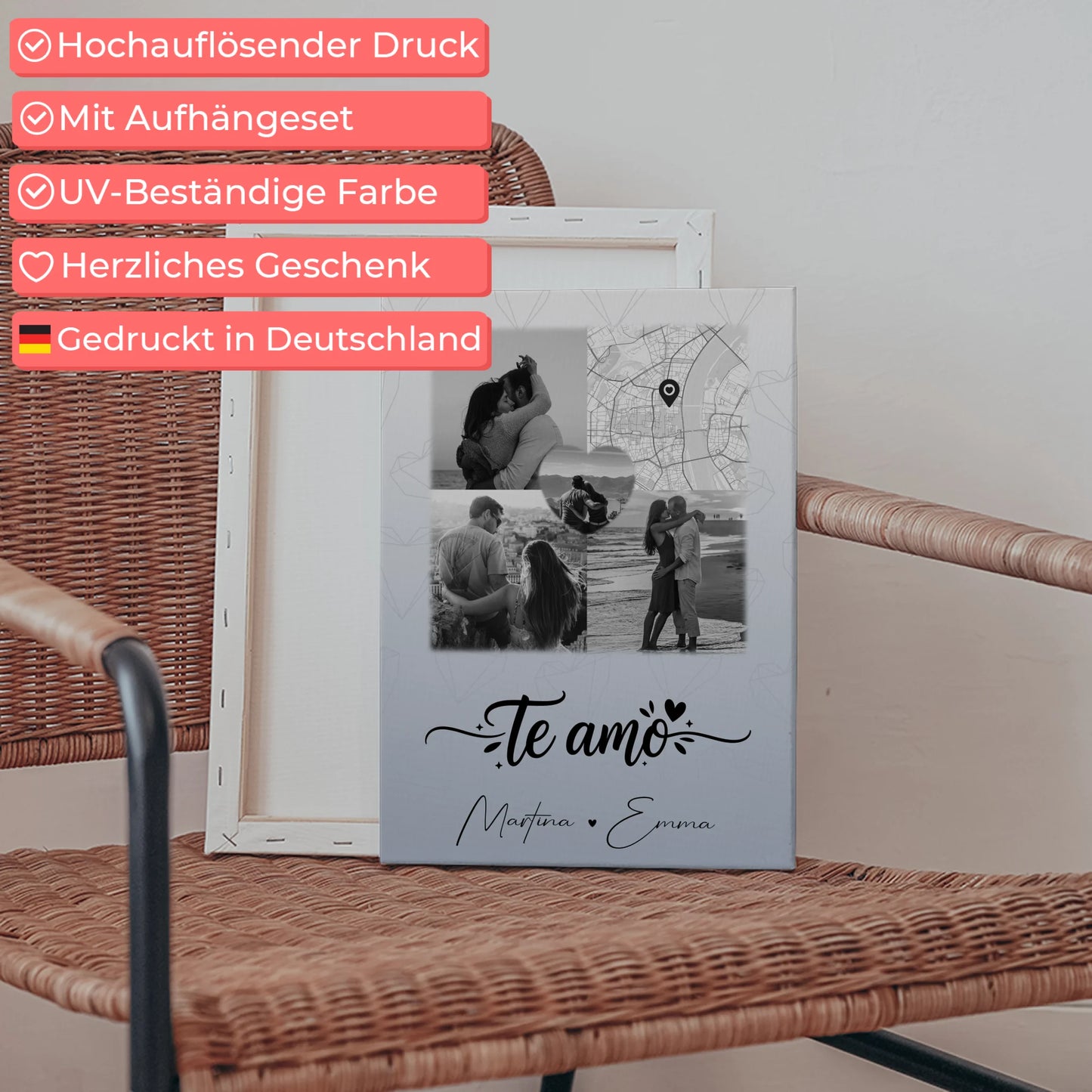 Leinwandbild Paar mit 3 Fotos und Herz Foto Karte Te amo Liebe auf Spanisch