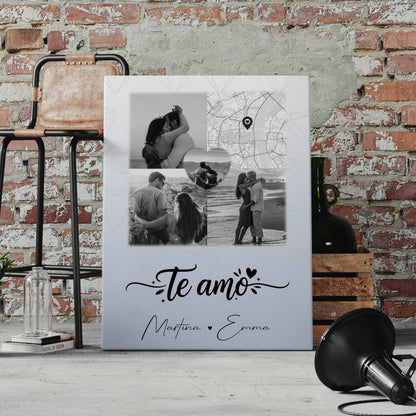 Leinwandbild Paar mit 3 Fotos und Herz Foto Karte Te amo Liebe auf Spanisch
