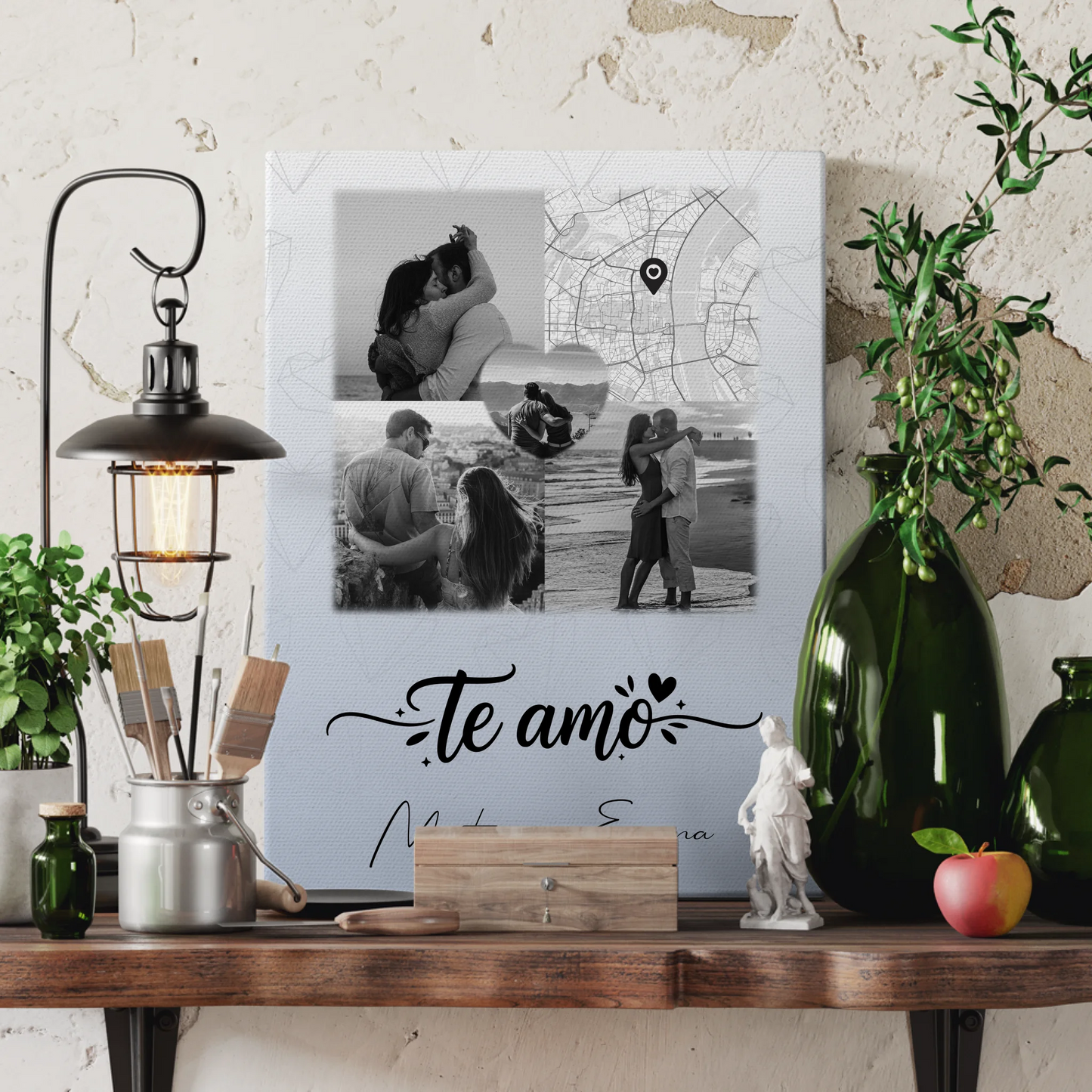 Leinwandbild Paar mit 3 Fotos und Herz Foto Karte Te amo Liebe auf Spanisch