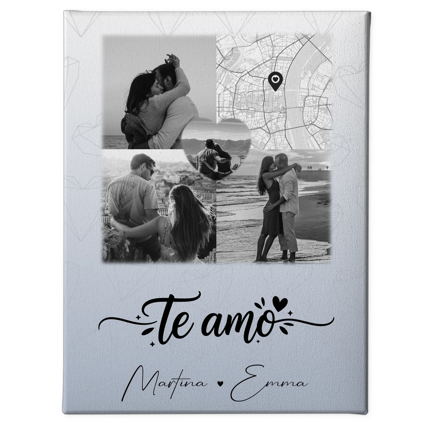 Leinwandbild Paar mit 3 Fotos und Herz Foto Karte Te amo Liebe auf Spanisch