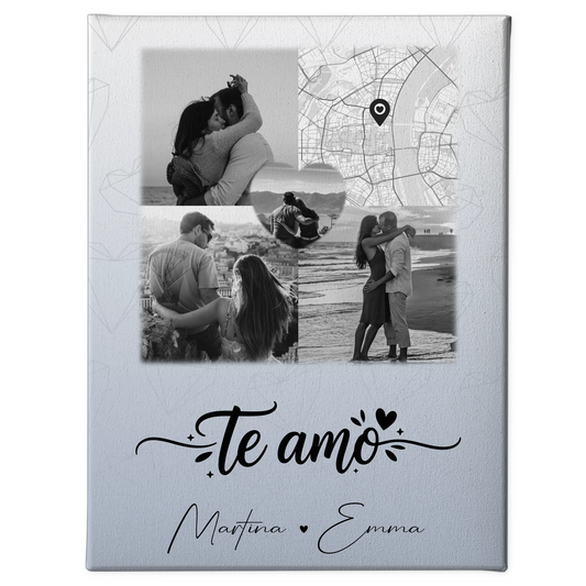 Leinwandbild Paar mit 3 Fotos und Herz Foto Karte Te amo Liebe auf Spanisch