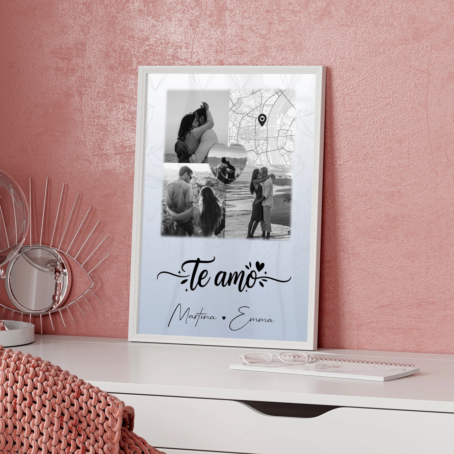 Personalisierte Poster Partner mit 3 Fotos und 1 Herz Foto und Karte Te amo Liebe auf Spanisch