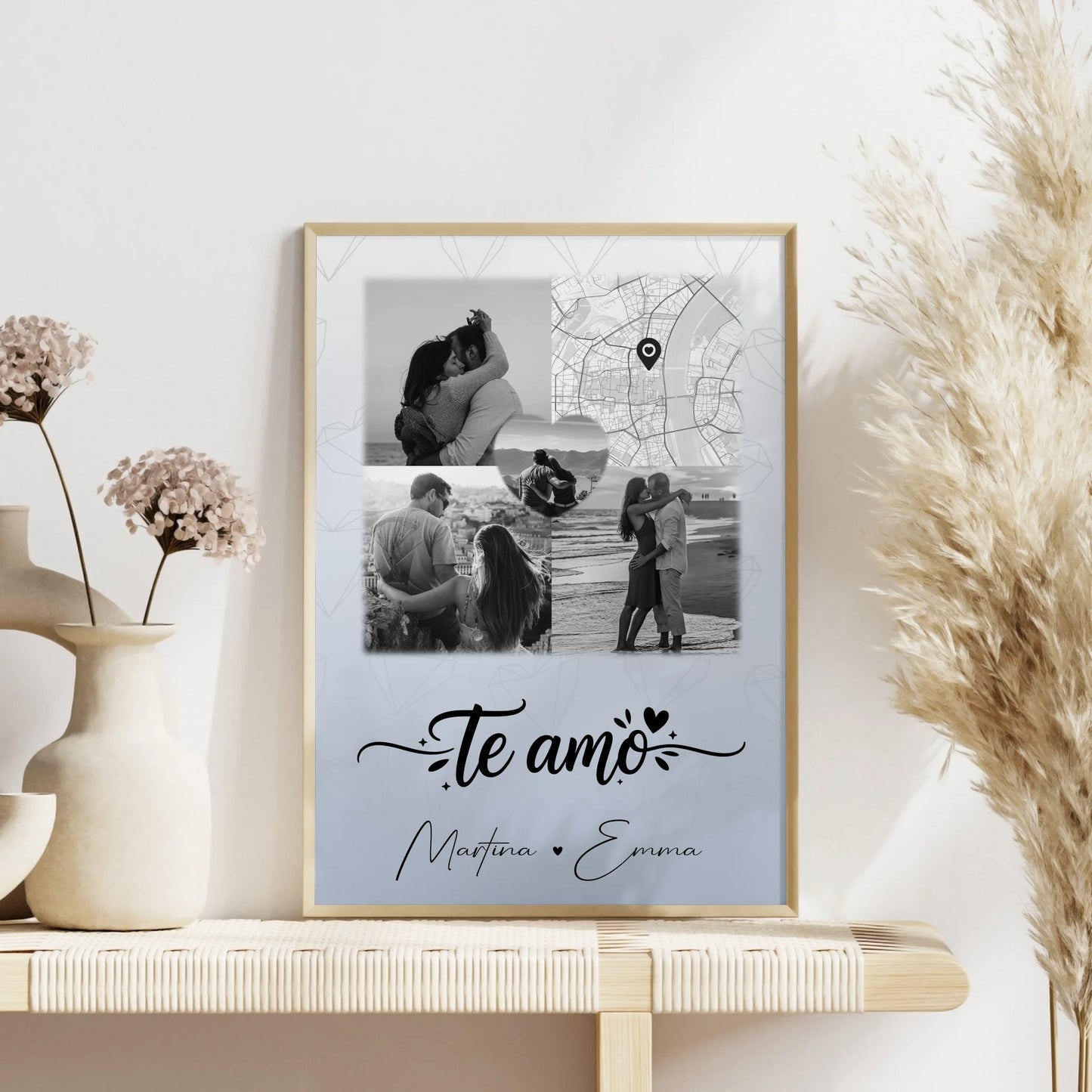 Personalisierte Poster Partner mit 3 Fotos und 1 Herz Foto und Karte Te amo Liebe auf Spanisch