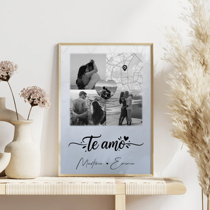 Personalisierte Poster Partner mit 3 Fotos und 1 Herz Foto und Karte Te amo Liebe auf Spanisch