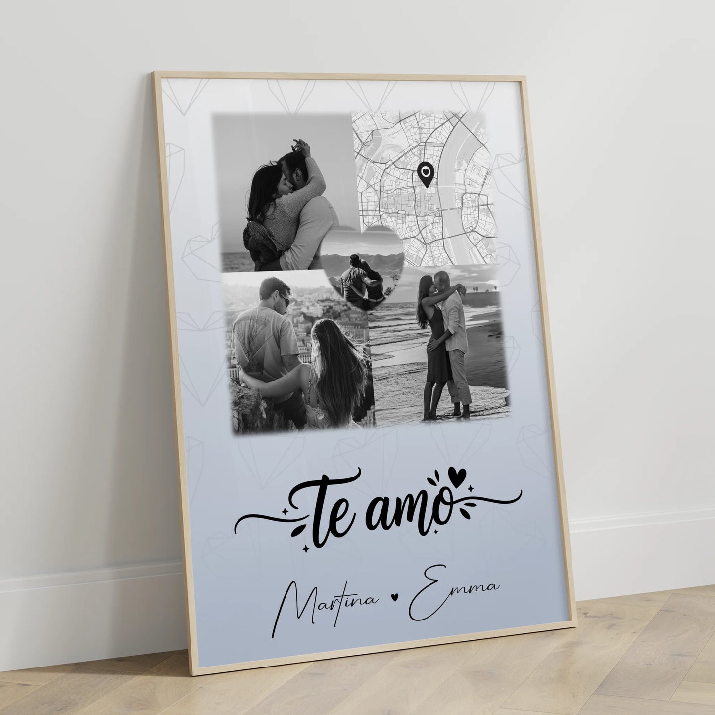 Personalisierte Poster Partner mit 3 Fotos und 1 Herz Foto und Karte Te amo Liebe auf Spanisch