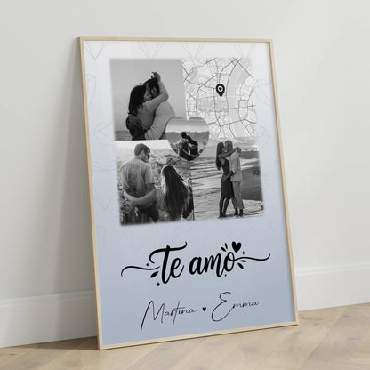 Personalisierte Poster Partner mit 3 Fotos und 1 Herz Foto und Karte Te amo Liebe auf Spanisch