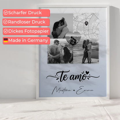 Personalisierte Poster Partner mit 3 Fotos und 1 Herz Foto und Karte Te amo Liebe auf Spanisch