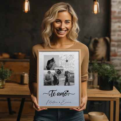 Personalisierte Poster Partner mit 3 Fotos und 1 Herz Foto und Karte Te amo Liebe auf Spanisch