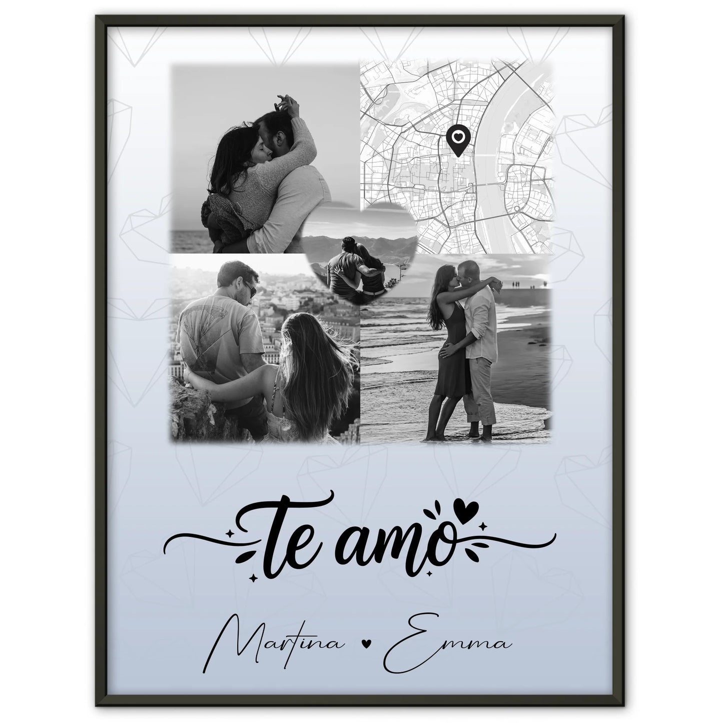 Personalisierte Poster Partner mit 3 Fotos und 1 Herz Foto und Karte Te amo Liebe auf Spanisch